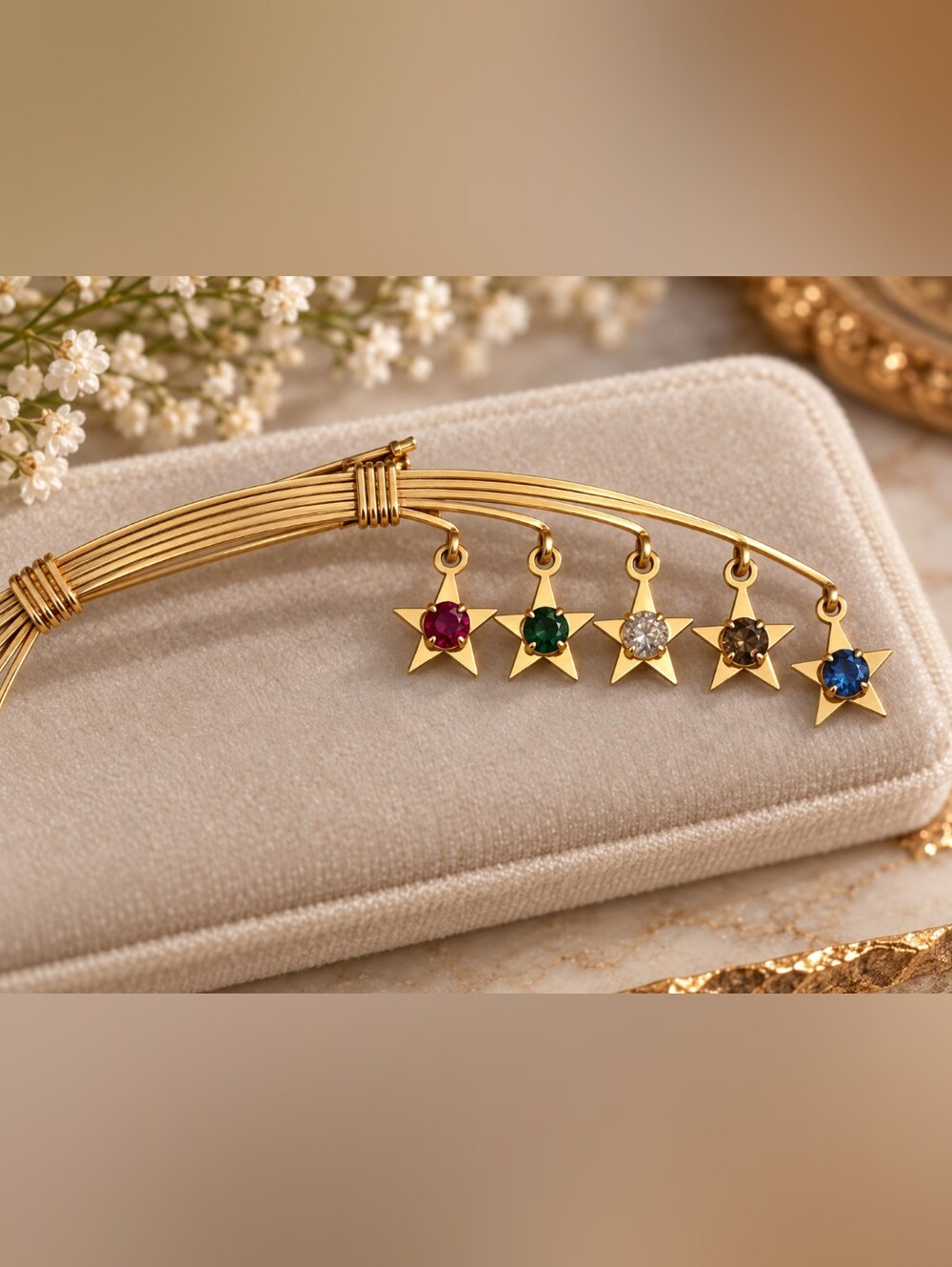 Vintage Gold Tone Dangling Star Brooch Pin Multicolor Rhinestone Celestial